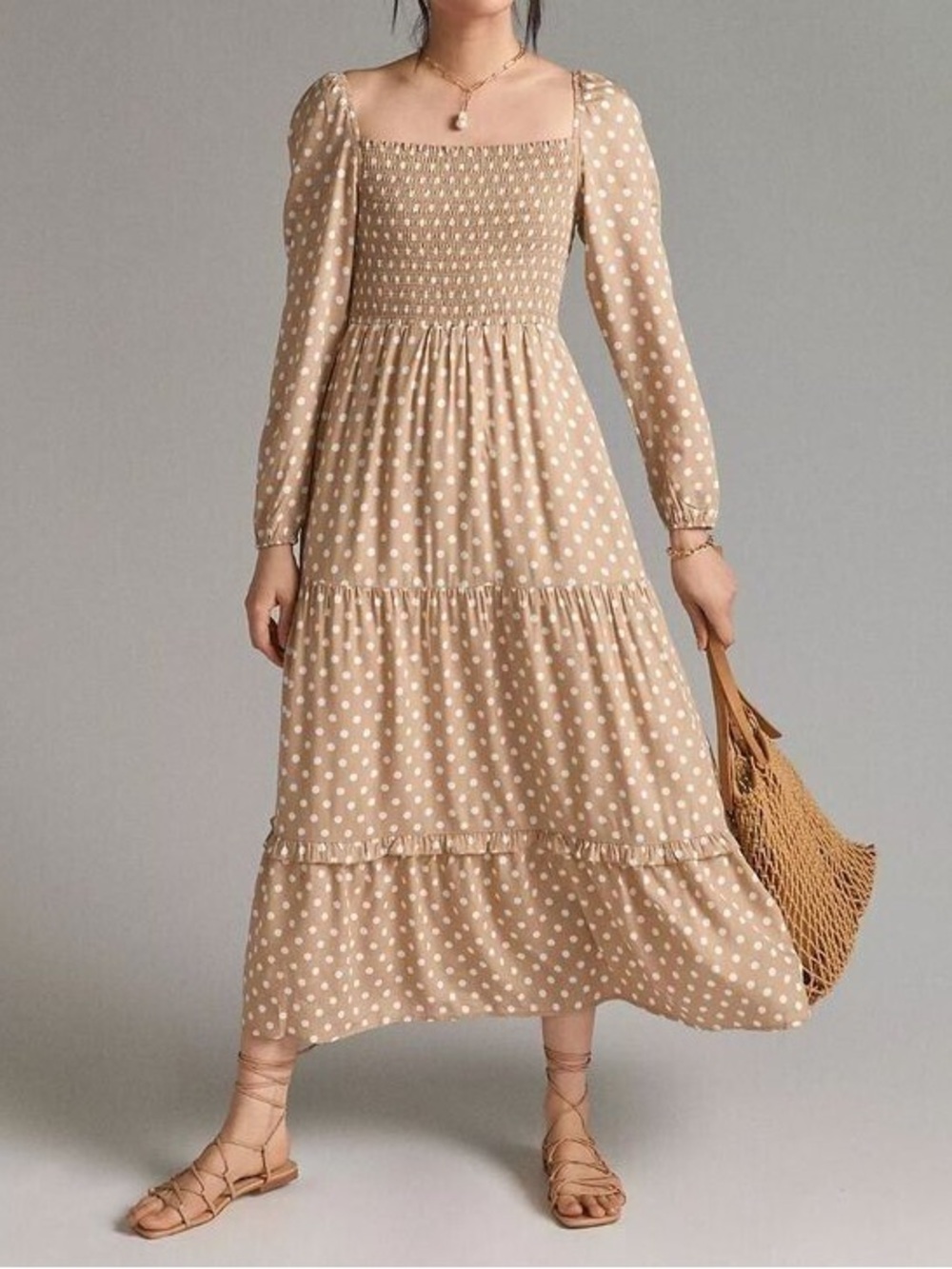Anthropologie Dolan Smocked Beige Polka Dot Long-Sleeve Maxi Dress Size XS - Picture 1 of 9